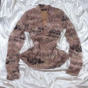y2k Axcess Mesh Top Brown Excellent Flocked Floral Empire Waist Blouse
